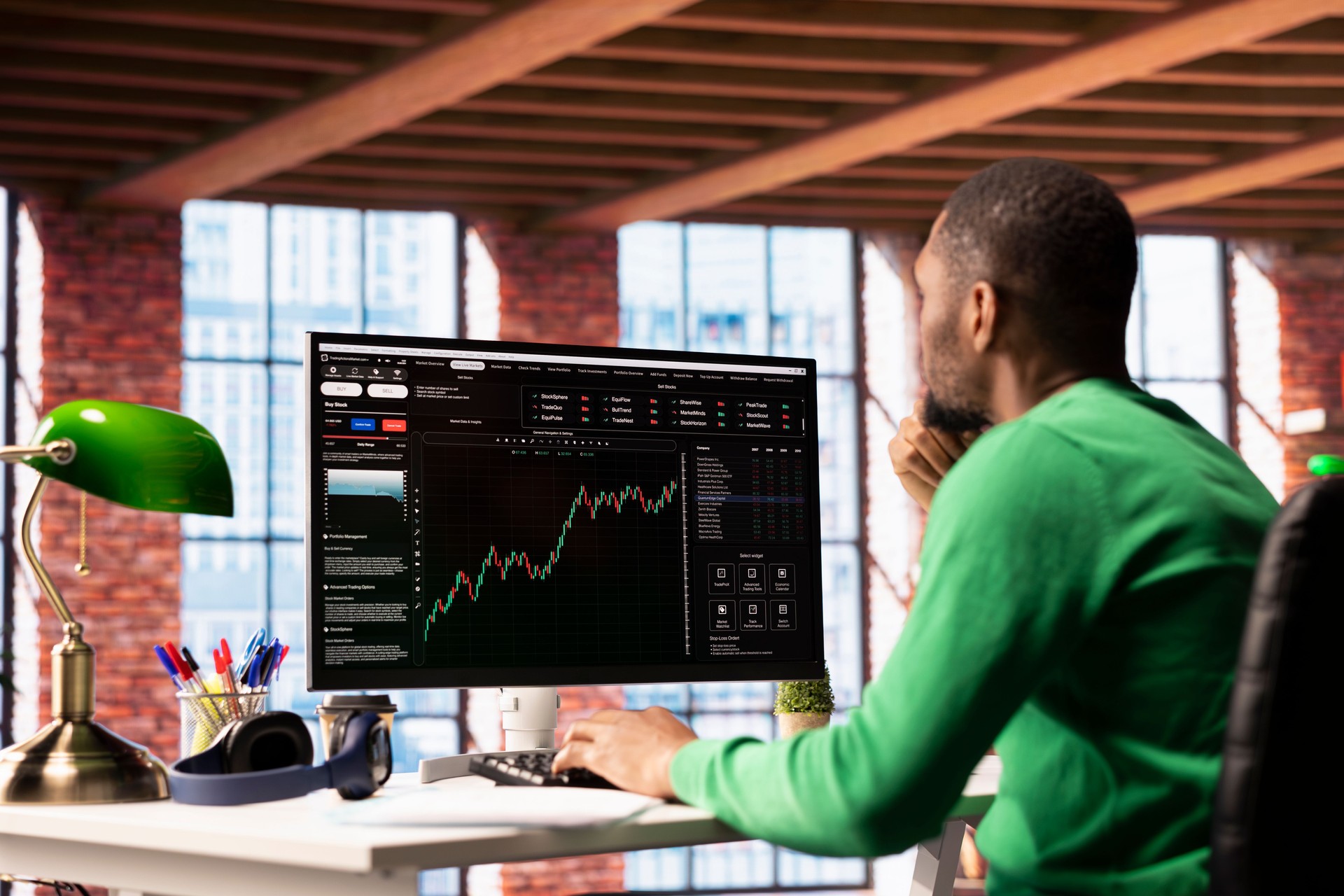 Investor looking at stock exchange graphs on computer monitor